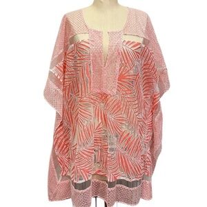 Parker Beach Orange Palm Print Cover-Up Kaftan XS/Small –Sheer Boho Resort Style